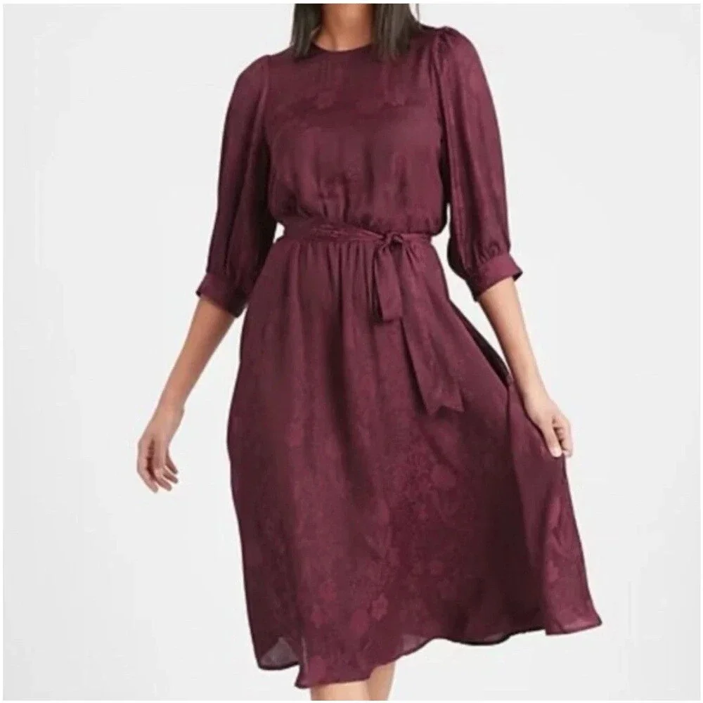 Banana Republic Women's MP Burgundy Plum Floral Satin Balloon Sleeve Midi Dress Banana Republic Women's MP Burgundy Plum Floral Satin Balloon Sleeve Midi Dress